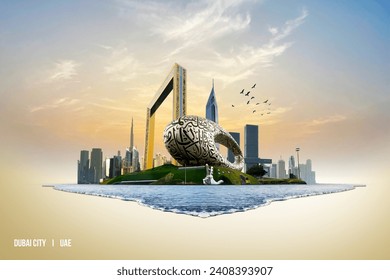 Dubai city 3d concept background. amazing city center skyline with luxury skyscrapers at sunrise, United Arab Emirates
