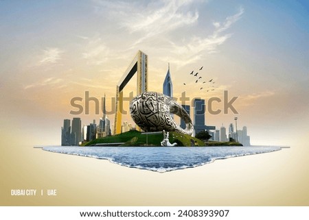 Dubai city 3d concept background. amazing city center skyline with luxury skyscrapers at sunrise, United Arab Emirates
