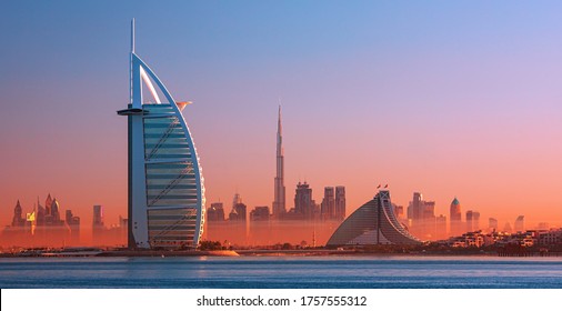 Dubai city - amazing city center skyline and famous Jumeirah beach at sunset, United Arab Emirates - Shutterstock ID 1757555312
