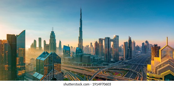 Dubai city center - amazing city skyline with luxury skyscrapers at sunrise, United Arab Emirates - Shutterstock ID 1914970603