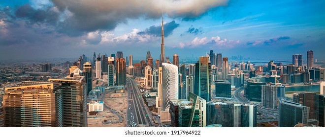 Dubai City Center - Amazing City Skyline With Luxury Skyscrapers At Sunrise, United Arab Emirates