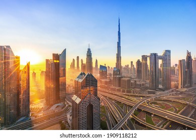 Dubai - City center skyline drone amazing rooftop view, United Arab Emirates