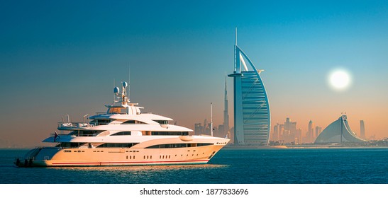 Dubai city center skyline and famous Jumeirah beach in the morning, United Arab Emirates - Shutterstock ID 1877833696