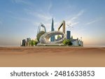 Dubai city on hand 3d concept background. amazing city at sunrise, United Arab Emirates.