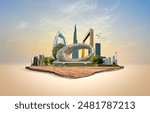 Dubai city on hand 3d concept background. amazing city at sunrise, United Arab Emirates.