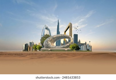 Dubai city on hand 3d concept background. amazing city at sunrise, United Arab Emirates. - Powered by Shutterstock