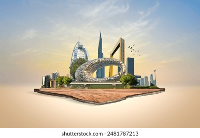 Dubai city on hand 3d concept background. amazing city at sunrise, United Arab Emirates. - Powered by Shutterstock