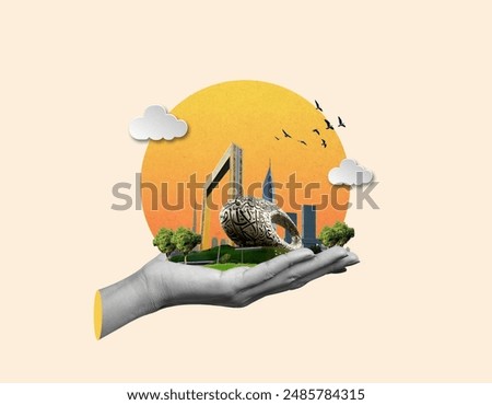 Dubai city on hand 3d concept background. amazing city center skyline with luxury skyscrapers at sunrise, United Arab Emirates
