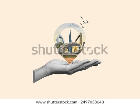 Dubai city on hand 3d concept background. amazing city center skyline with luxury skyscrapers at sunrise, United Arab Emirates
