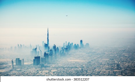 Dubai City In Sunrise Aerial View