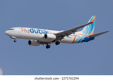 DUBAI - DECEMBER 23: Flydubai B737-800 is landing at the Dubai International Airport as seen on December 28, 2018.