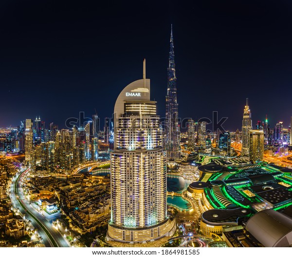 Dubai Down\
Town, Dubai, UAE - November 30 2020 ; Stunning Dubai Downtown Night\
View from the Boulevard Point\
Building