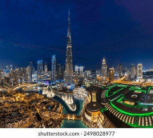 Dubai Downtown and Burj Khalifa with Dubai Fountain, 2024 Blue Hour and Night View - Powered by Shutterstock