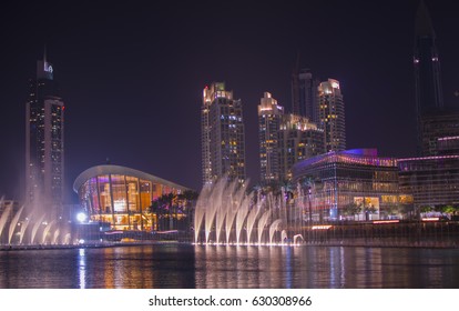 Dubai Downtown Landscape With Dubai Opera House And Fire Star At The Top 2017