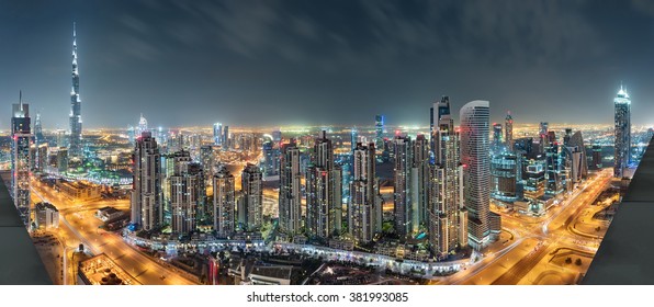 Dubai Downtown Night Panorama From Top