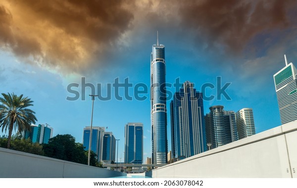 Dubai at dusk,\
United Emirates. City\
skyline.