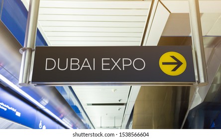 Dubai Expo 2020. Pointer at the metro station. Station name and exit direction - Shutterstock ID 1538566604