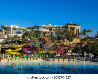 Dubai, March 17 2014: Wild Wadi Waterpark. It Is An Outdoor Adventures Water Park With Many Slides In Dubai, United Arab Emirates