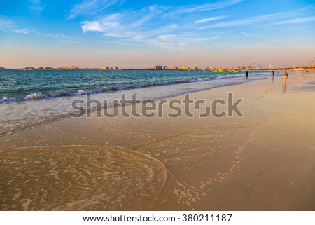 Dubai marina beach in the summer evening, sunset, UAE