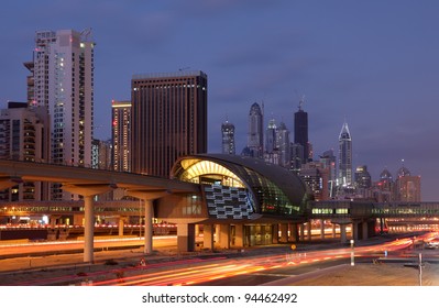 Dubai Marina Metro Station Illuminated At Night