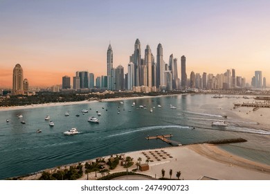 Dubai Marina Skyline and Luxury boats and yachts moving in Sea of Dubai Marina  - Powered by Shutterstock