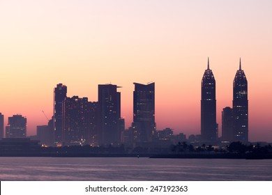 Dubai Media City Skyline At Dusk. United Arab Emirates