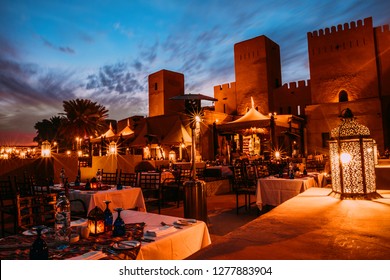 Dubai Night Cityscape, Night Life Lighting With Blue Sky - Restaurant Desert Areas