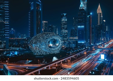 Dubai at night. Museum of the future on Sheikh Zayed Road. Tall buildings.

Translation: 