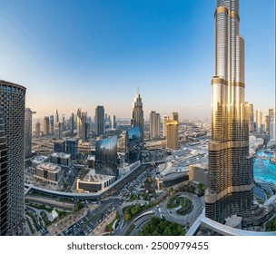 Dubai Panoramic Photo of Downtown, Burj khalifa, DIFC, Dubai Dancing Fountain and SZR - Powered by Shutterstock