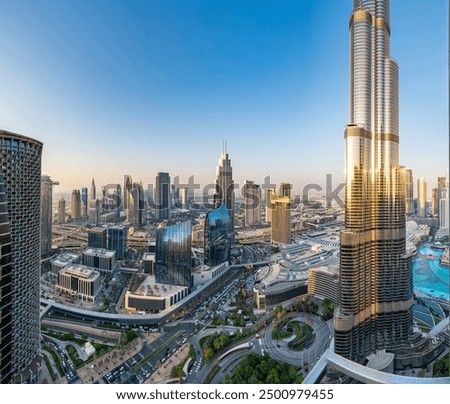 Dubai Panoramic Photo of Downtown, Burj khalifa, DIFC, Dubai Dancing Fountain and SZR