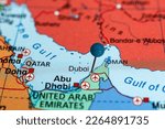 Dubai pin map. Close up of Dubai map with red pin. Map with red pin point of Dubai in United Arab Emirates.