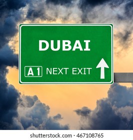 DUBAI Road Sign Against Clear Blue Sky