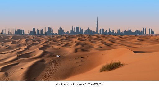 Dubai Skyline And Desert Landscape.