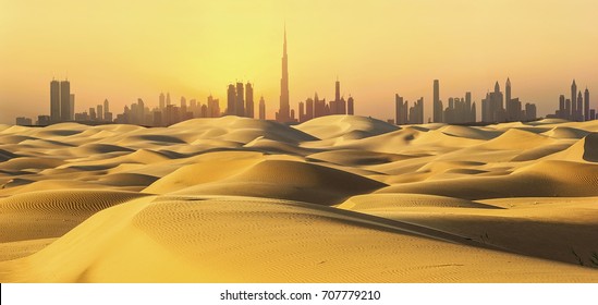 Dubai Skyline In Desert At Sunset.