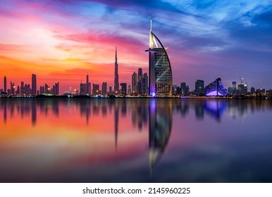 Dubai Skyline and Downtown with SZR lightrail and Lights