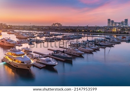 Dubai Skyline and Famous Hotels and boats and yachts