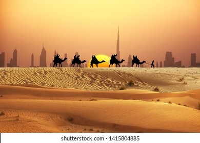      Dubai Skyline At Horizon With Camel Ride Caravan Silhouette In Desert
                          