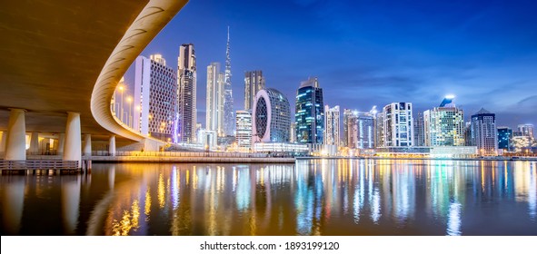Dubai skyline at night, Business Bay district in central dubai, United Arab Emirates