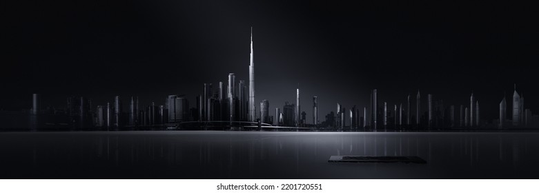 Dubai Skyline Panoramic Black and White - Shutterstock ID 2201720551