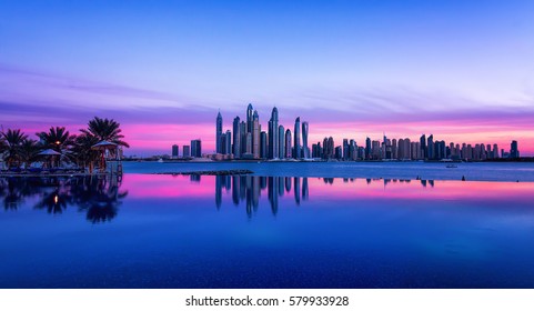 Dubai skyline with purple sky