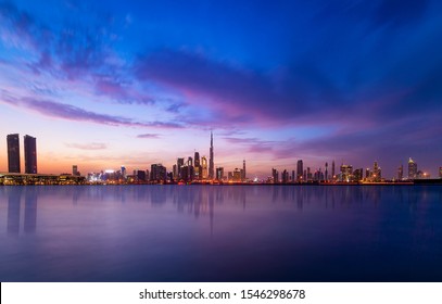 Dubai Skyline at Sunset and Blue Hour 