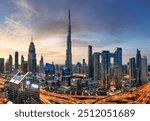 Dubai skyline at sunset with Burj Khalifa - aerial view, United Arab Emirates