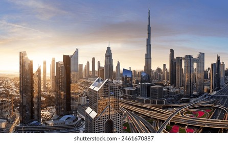 Dubai skyline at sunset with traffic - aerial view, United Arab Emirates - Powered by Shutterstock