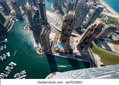 Dubai skyscrapers from above. Incredible Dubai view. Futuristic skyline. Dubai Marina aerial view. Skyscraper view.