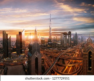 Dubai sunset panoramic view of downtown. Dubai is super modern city of UAE, cosmopolitan megalopolis. Very high resolution image