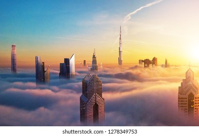 Dubai sunset panoramic view of downtown covered with clouds. Dubai is super modern city of UAE, cosmopolitan megalopolis. Very high resolution image - Powered by Shutterstock