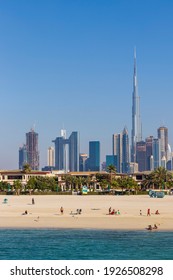 Dubai, UAE - 02.27.2021 
Dubai Public Beach With City Skyline On Background.