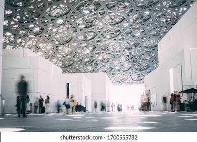 Dubai / UAE - 04 20 2018 : Louvre Abu Dhabi Museum Garden Long Exposure With Movement Of People