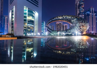 Dubai, UAE - 05.28.2021 Shot of a museum of future at night.