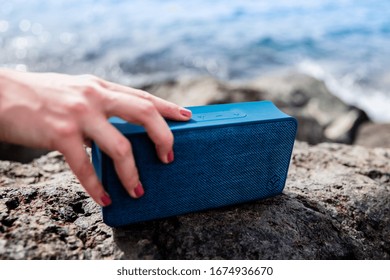 DUBAI / UAE - 07 05 2018: Young Guy Girl With Cool Portable Speaker At The Beach In Dubai, Party Listening To Music, Sunny Day At The Beach Attractive Female Male 